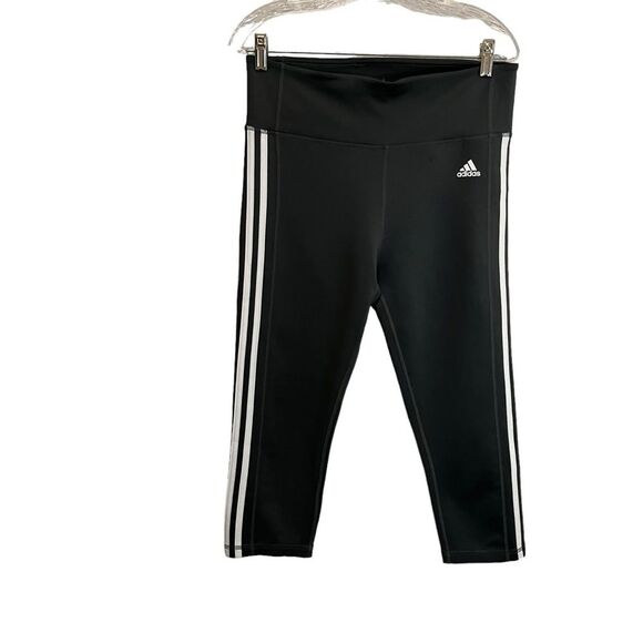 Adidas Climalite Womens Size L Gray White Crop 3 Stripe Pull on Leggings Workout - Picture 1 of 11
